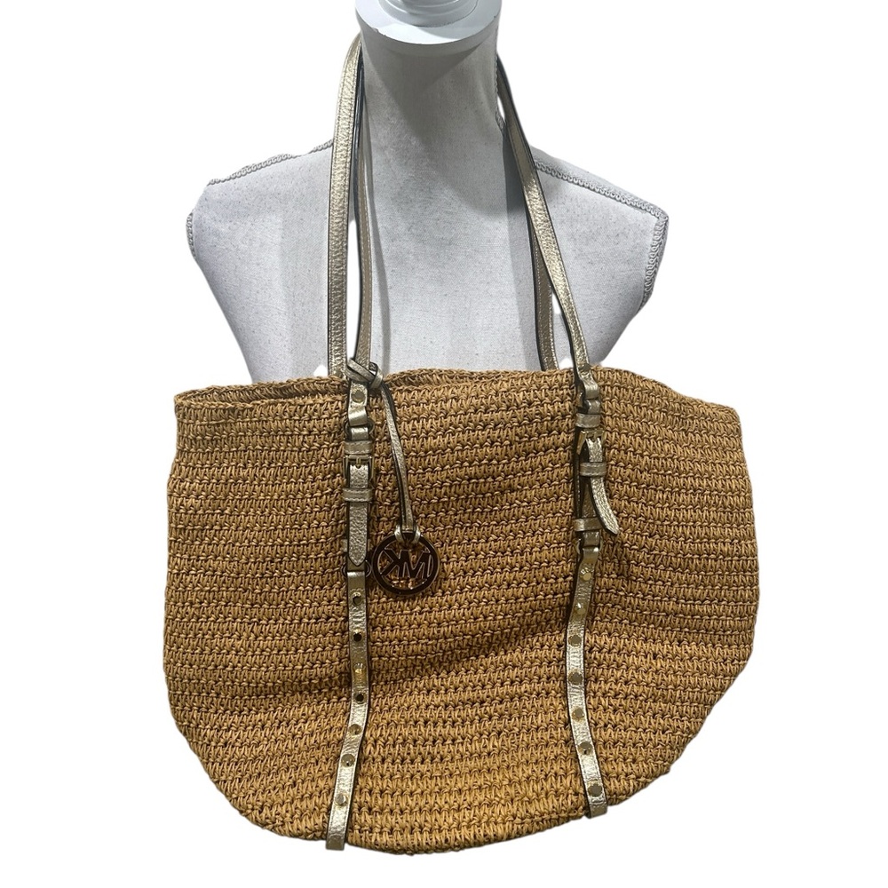 Michael Kors tan Woven straw Tote gold leather straps studded logo charm - Picture 2 of 11